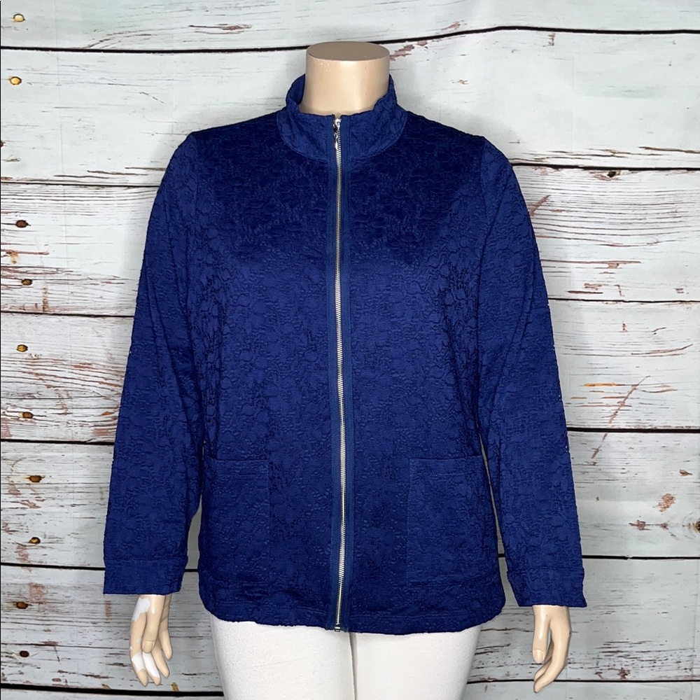 Denim & Co. Size XL Navy Blue Floral Lace Overlay Zip Front Jacket